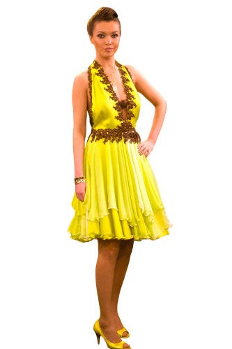 Hanna Bieńkowska kolekcja casual sukienki na co dzień - elegancka i wyjątkowa sukienka midi, muślin z naturalnego jedwabiu, żólta, cytrynowa, cieniowana, rozkloszowana, taliowana, bez rękawów, dekolt w serek V, design, na lato, dla druhny, na wesele, chrzest, komunię, elegancka, wyjątkowa, niepowtarzalna