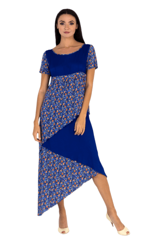 Hanna Bieńkowska kolekcja casual sukienki na co dzień - elegancka i wyjątkowa sukienka typu folk, maxi, trapezowa, dekolt okrągły, krótki rękaw, wiskoza, materiał tkany, drukowana, kolor szafirowo- pomarańczowy, na lato, design, wyjątkowa, niepowtarzalna
