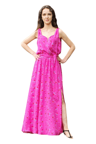 Hanna Bieńkowska kolekcja casual sukienki na co dzień - elegancka i wyjątkowa sukienka maxi, kloszowa, dekolt serce, bez rękawów, gorset z przody zapinany na suwak, rozkloszowana, z rozporkami zapinanymi na suwaki, satyna jedwabna, różowa drukowana, kolor różowy, na lato, design, wyjątkowa, niepowtarzalna