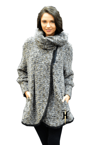 Hanna Bieńkowska kolekcja płaszcze i żakiety - elegancki i niepowtarzalny o wyjątkowym designie płaszcz damski, ponczo, oversize, z kapturem, wiosenny, jesienny, z kieszeniami na zamek, wełniany, beżowo-czarny, motyw mozaika
